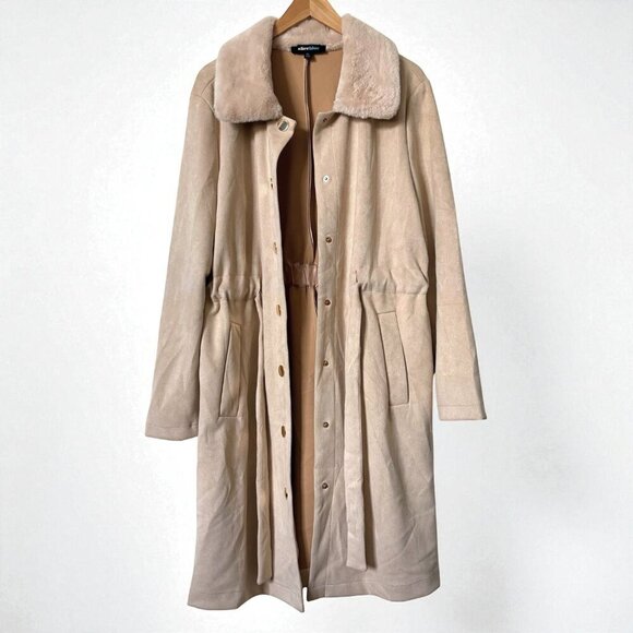 Alice Blue Faux Suede Beige Long Coat with Faux Fur Collar and Belt Womens XL - Picture 4 of 14
